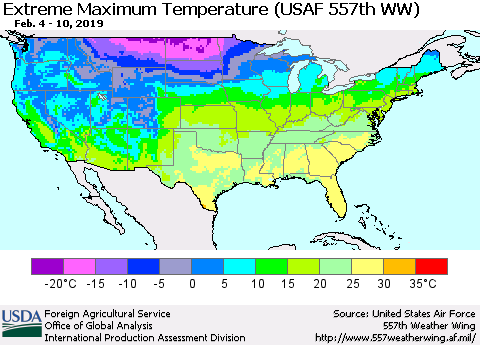 United States Maximum Daily Temperature (USAF 557th WW) Thematic Map For 2/4/2019 - 2/10/2019