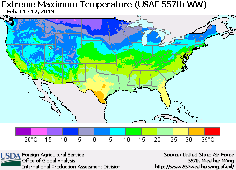 United States Maximum Daily Temperature (USAF 557th WW) Thematic Map For 2/11/2019 - 2/17/2019