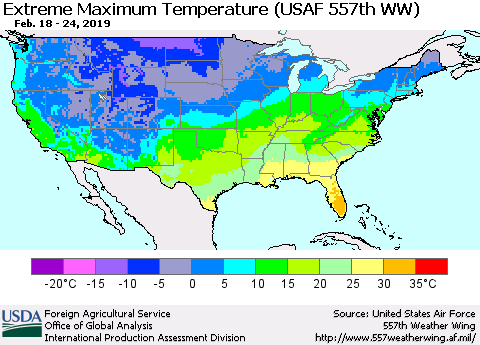 United States Maximum Daily Temperature (USAF 557th WW) Thematic Map For 2/18/2019 - 2/24/2019