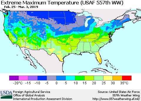 United States Maximum Daily Temperature (USAF 557th WW) Thematic Map For 2/25/2019 - 3/3/2019