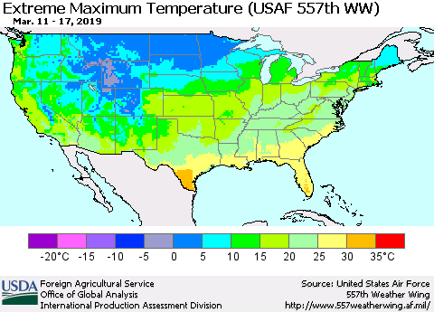 United States Maximum Daily Temperature (USAF 557th WW) Thematic Map For 3/11/2019 - 3/17/2019