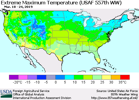 United States Maximum Daily Temperature (USAF 557th WW) Thematic Map For 3/18/2019 - 3/24/2019