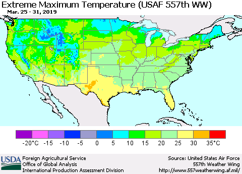 United States Maximum Daily Temperature (USAF 557th WW) Thematic Map For 3/25/2019 - 3/31/2019