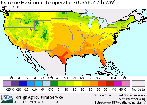 United States Maximum Daily Temperature (USAF 557th WW) Thematic Map For 4/1/2019 - 4/7/2019