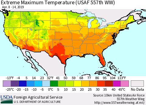 United States Maximum Daily Temperature (USAF 557th WW) Thematic Map For 4/8/2019 - 4/14/2019