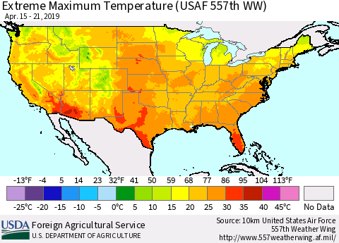 United States Maximum Daily Temperature (USAF 557th WW) Thematic Map For 4/15/2019 - 4/21/2019