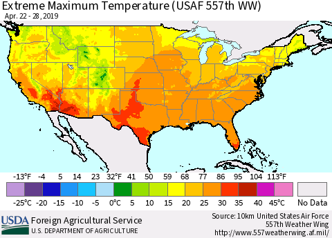 United States Maximum Daily Temperature (USAF 557th WW) Thematic Map For 4/22/2019 - 4/28/2019