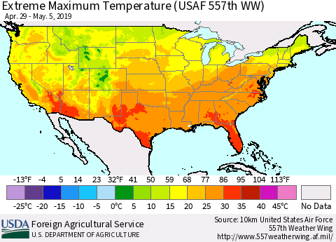 United States Maximum Daily Temperature (USAF 557th WW) Thematic Map For 4/29/2019 - 5/5/2019