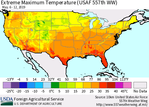 United States Maximum Daily Temperature (USAF 557th WW) Thematic Map For 5/6/2019 - 5/12/2019