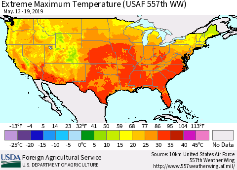 United States Maximum Daily Temperature (USAF 557th WW) Thematic Map For 5/13/2019 - 5/19/2019