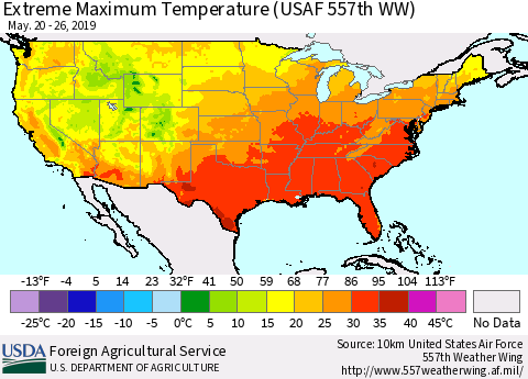 United States Maximum Daily Temperature (USAF 557th WW) Thematic Map For 5/20/2019 - 5/26/2019