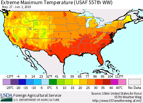 United States Maximum Daily Temperature (USAF 557th WW) Thematic Map For 5/27/2019 - 6/2/2019