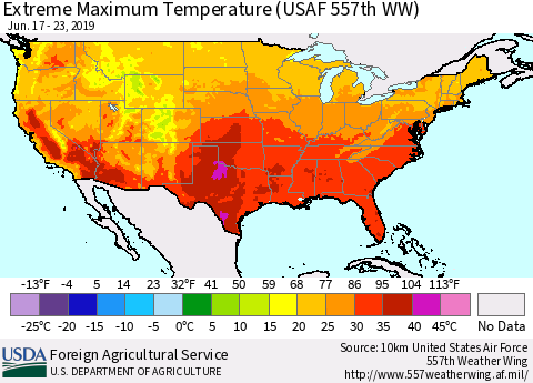 United States Maximum Daily Temperature (USAF 557th WW) Thematic Map For 6/17/2019 - 6/23/2019