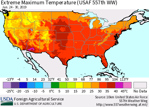 United States Maximum Daily Temperature (USAF 557th WW) Thematic Map For 6/24/2019 - 6/30/2019