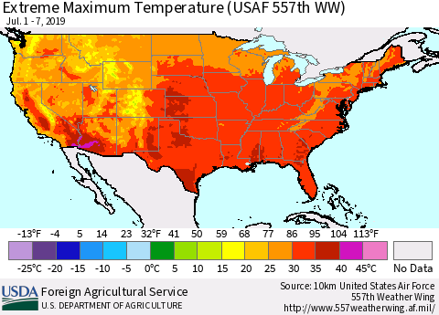 United States Maximum Daily Temperature (USAF 557th WW) Thematic Map For 7/1/2019 - 7/7/2019