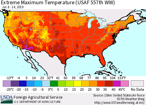 United States Maximum Daily Temperature (USAF 557th WW) Thematic Map For 7/8/2019 - 7/14/2019