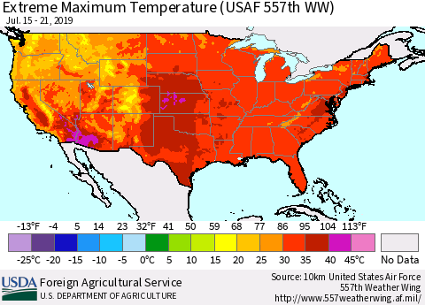United States Maximum Daily Temperature (USAF 557th WW) Thematic Map For 7/15/2019 - 7/21/2019
