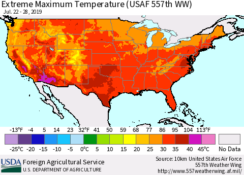 United States Maximum Daily Temperature (USAF 557th WW) Thematic Map For 7/22/2019 - 7/28/2019