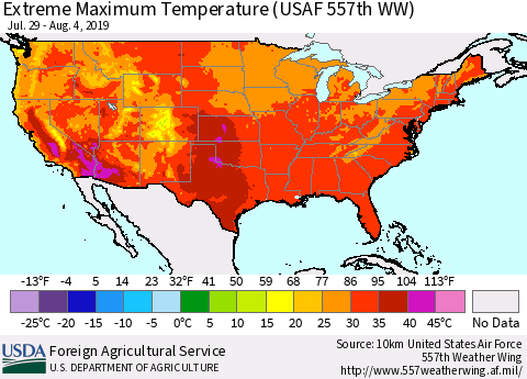 United States Maximum Daily Temperature (USAF 557th WW) Thematic Map For 7/29/2019 - 8/4/2019