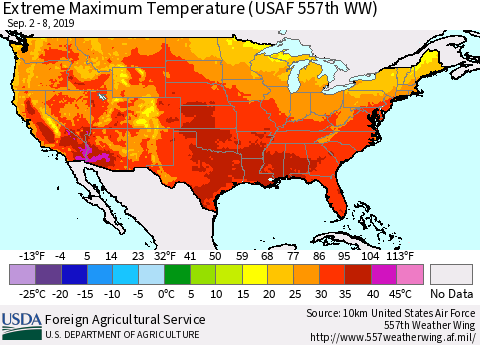 United States Maximum Daily Temperature (USAF 557th WW) Thematic Map For 9/2/2019 - 9/8/2019