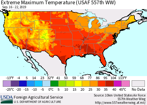 United States Maximum Daily Temperature (USAF 557th WW) Thematic Map For 9/16/2019 - 9/22/2019