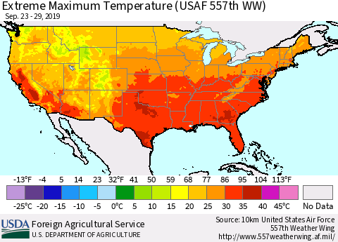 United States Maximum Daily Temperature (USAF 557th WW) Thematic Map For 9/23/2019 - 9/29/2019