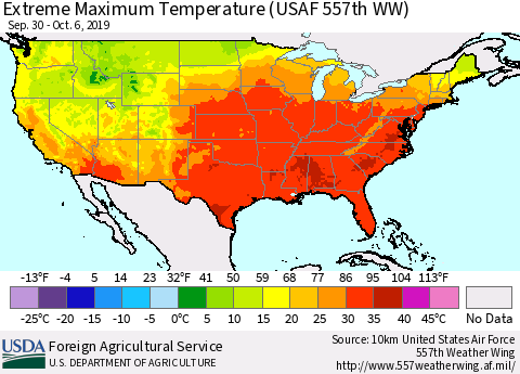 United States Maximum Daily Temperature (USAF 557th WW) Thematic Map For 9/30/2019 - 10/6/2019