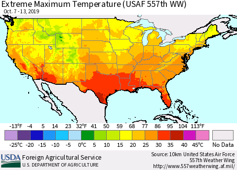 United States Maximum Daily Temperature (USAF 557th WW) Thematic Map For 10/7/2019 - 10/13/2019