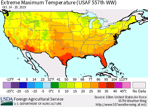 United States Maximum Daily Temperature (USAF 557th WW) Thematic Map For 10/14/2019 - 10/20/2019