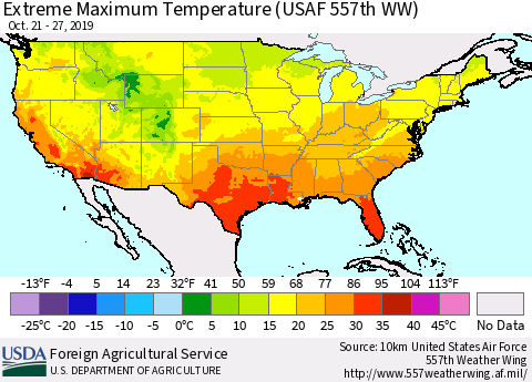 United States Maximum Daily Temperature (USAF 557th WW) Thematic Map For 10/21/2019 - 10/27/2019