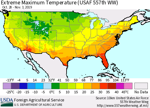 United States Maximum Daily Temperature (USAF 557th WW) Thematic Map For 10/28/2019 - 11/3/2019