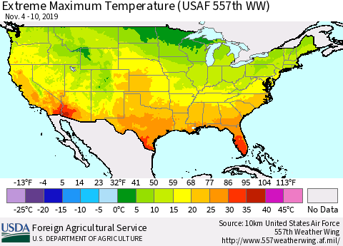 United States Maximum Daily Temperature (USAF 557th WW) Thematic Map For 11/4/2019 - 11/10/2019