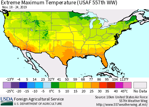 United States Maximum Daily Temperature (USAF 557th WW) Thematic Map For 11/18/2019 - 11/24/2019