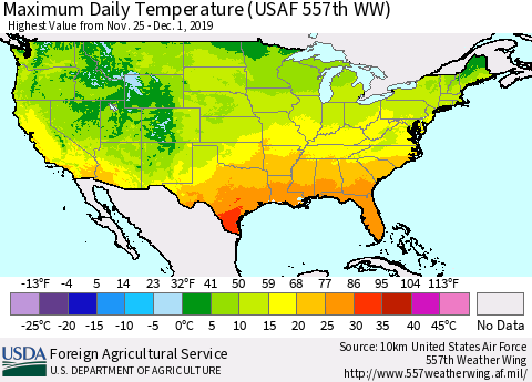 United States Maximum Daily Temperature (USAF 557th WW) Thematic Map For 11/25/2019 - 12/1/2019