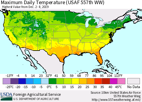 United States Maximum Daily Temperature (USAF 557th WW) Thematic Map For 12/2/2019 - 12/8/2019