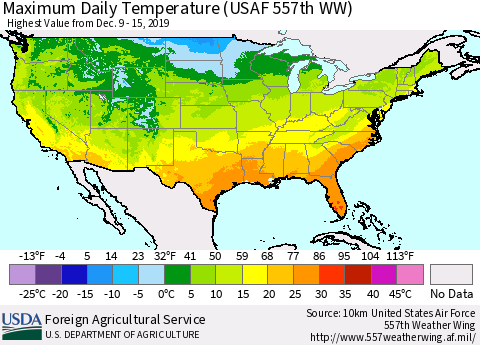 United States Maximum Daily Temperature (USAF 557th WW) Thematic Map For 12/9/2019 - 12/15/2019