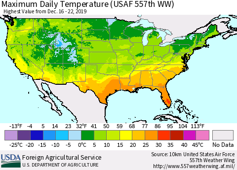 United States Maximum Daily Temperature (USAF 557th WW) Thematic Map For 12/16/2019 - 12/22/2019
