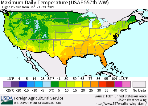United States Maximum Daily Temperature (USAF 557th WW) Thematic Map For 12/23/2019 - 12/29/2019