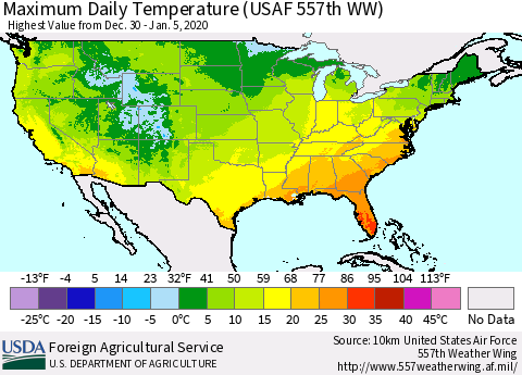 United States Maximum Daily Temperature (USAF 557th WW) Thematic Map For 12/30/2019 - 1/5/2020