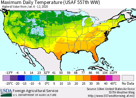 United States Maximum Daily Temperature (USAF 557th WW) Thematic Map For 1/6/2020 - 1/12/2020