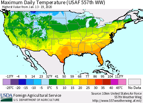 United States Maximum Daily Temperature (USAF 557th WW) Thematic Map For 1/13/2020 - 1/19/2020