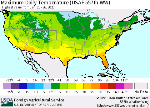 United States Maximum Daily Temperature (USAF 557th WW) Thematic Map For 1/20/2020 - 1/26/2020