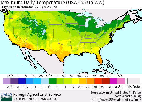 United States Maximum Daily Temperature (USAF 557th WW) Thematic Map For 1/27/2020 - 2/2/2020