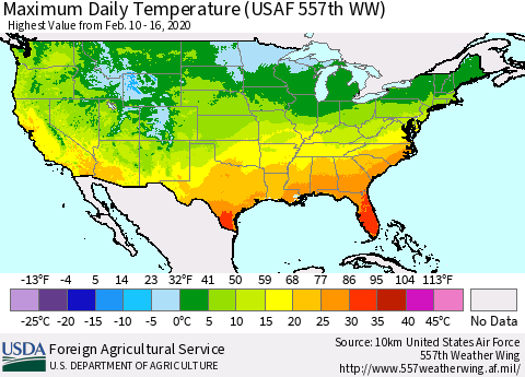 United States Maximum Daily Temperature (USAF 557th WW) Thematic Map For 2/10/2020 - 2/16/2020