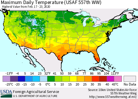United States Maximum Daily Temperature (USAF 557th WW) Thematic Map For 2/17/2020 - 2/23/2020