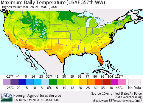 United States Maximum Daily Temperature (USAF 557th WW) Thematic Map For 2/24/2020 - 3/1/2020