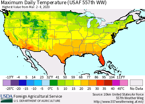 United States Extreme Maximum Temperature (USAF 557th WW) Thematic Map For 3/2/2020 - 3/8/2020