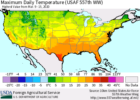 United States Extreme Maximum Temperature (USAF 557th WW) Thematic Map For 3/9/2020 - 3/15/2020
