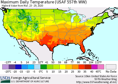 United States Extreme Maximum Temperature (USAF 557th WW) Thematic Map For 3/23/2020 - 3/29/2020
