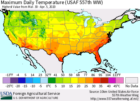 United States Maximum Daily Temperature (USAF 557th WW) Thematic Map For 3/30/2020 - 4/5/2020
